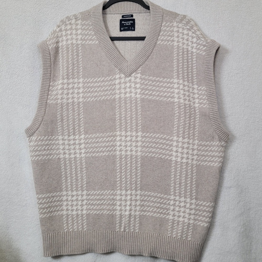 Abercrombie & Fitch Sweater Vest Mens Oversized Beige Houndstooth Cotton Knit L